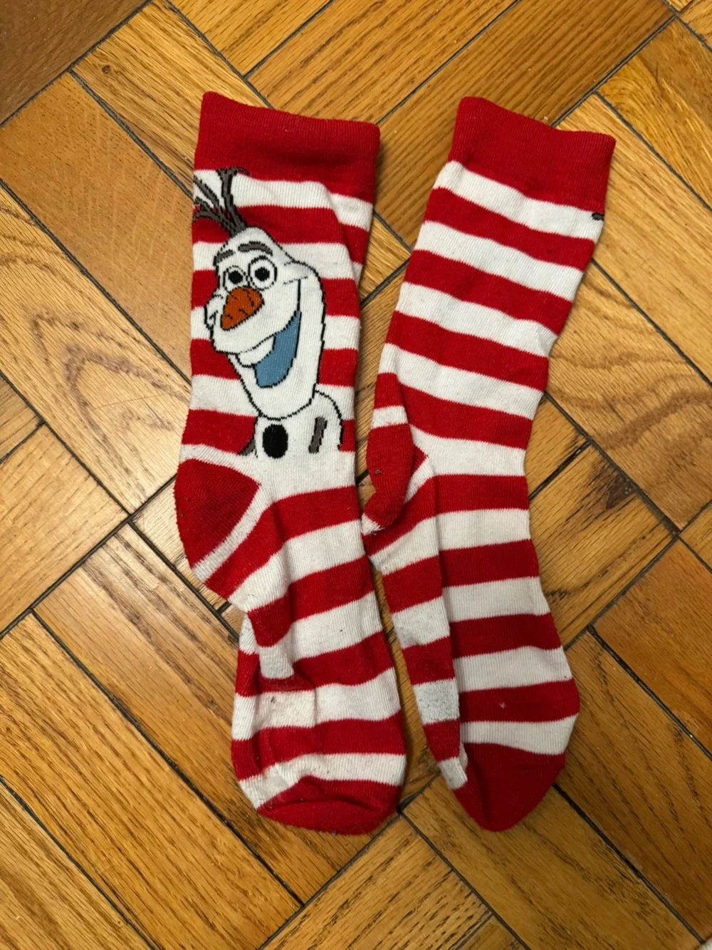 Disney’s Red & White Striped Holiday Socks with Olaf Motif